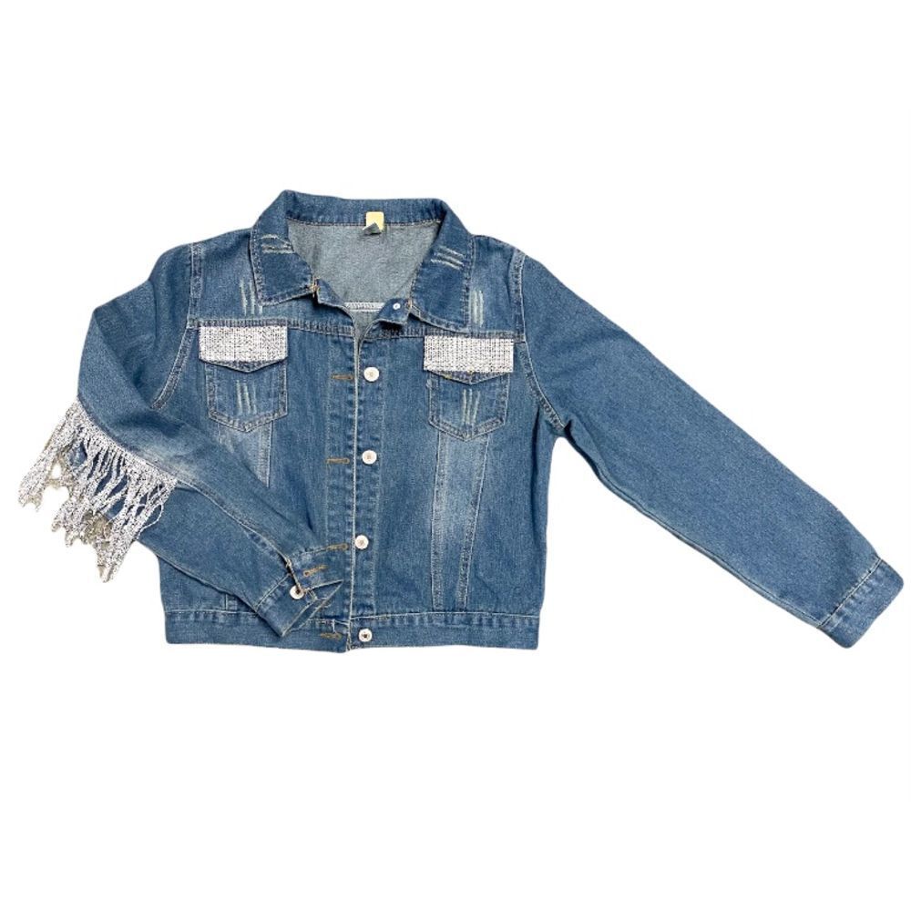 4 Fashion Aolinna Rhinestone Fringe Blue Denim Jacket Size XXL NWOT